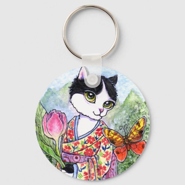 Key Chain Cat Geisha Fairy Fantasy von Ann Howard Schlüsselanhänger (Vorderseite)