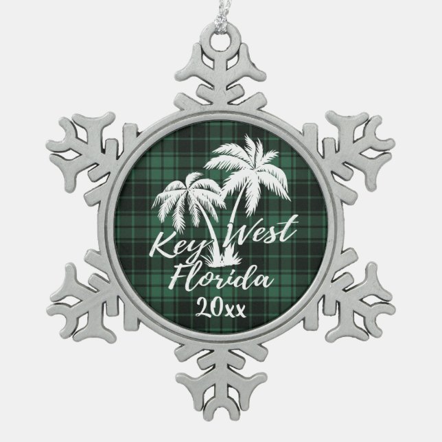 Key West Beach Florida Palm Green Kariert Schneeflocken Zinn-Ornament (Vorderseite)
