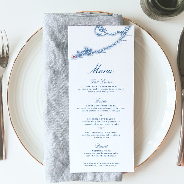 Key West FL Map Elegant Navy Blue Wedding Menükarte (Key West FL Map wedding menu for an elegant navy blue destination wedding from Coastal Map Designs)