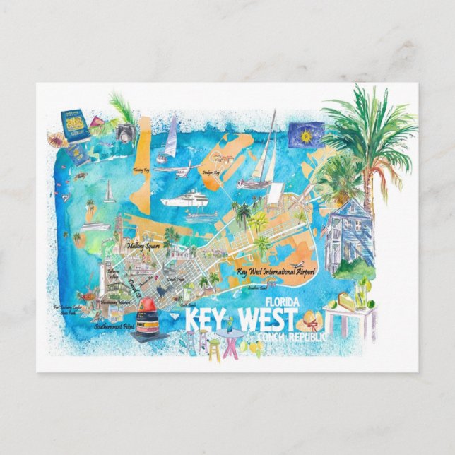 Key West Florida Illustrierte Reisekarte mit Straß Postkarte (Vorderseite)
