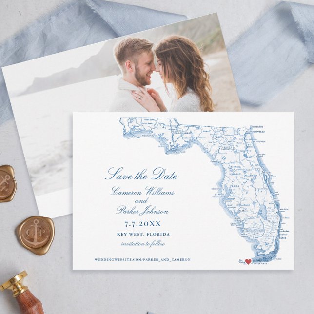 Key West Florida Mariage Elegant Marine Carte (Elegant Key West Florida map Save the date in navy blue from Coastal Map Designs)