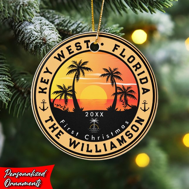 Key West Florida Retro Sunset Palm Tree 80er Keramik Ornament (Von Creator hochgeladen)