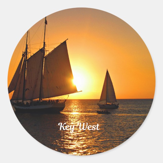 Key West, Sonnenuntergang und Segelboote, Runder Aufkleber (Vorderseite)