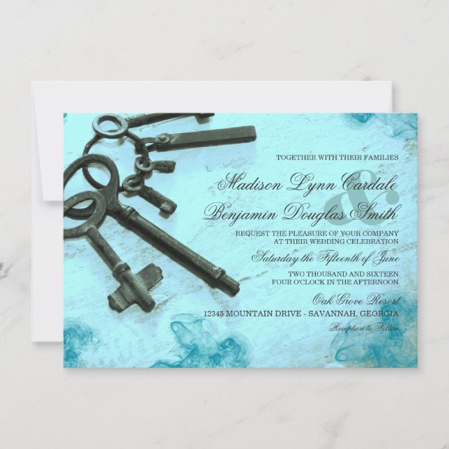 Keys zu ihrem Herz Vintage Aqua Hochzeitseinladung Einladung (Vorderseite)
