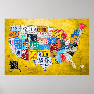 Kfz-Kennzeichen-Karte der USA auf gelbem hölzernem Poster