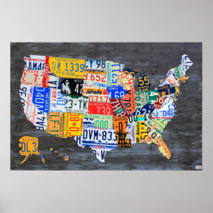 Kfz-Kennzeichen-Karte der USA auf grauen hölzernen Poster