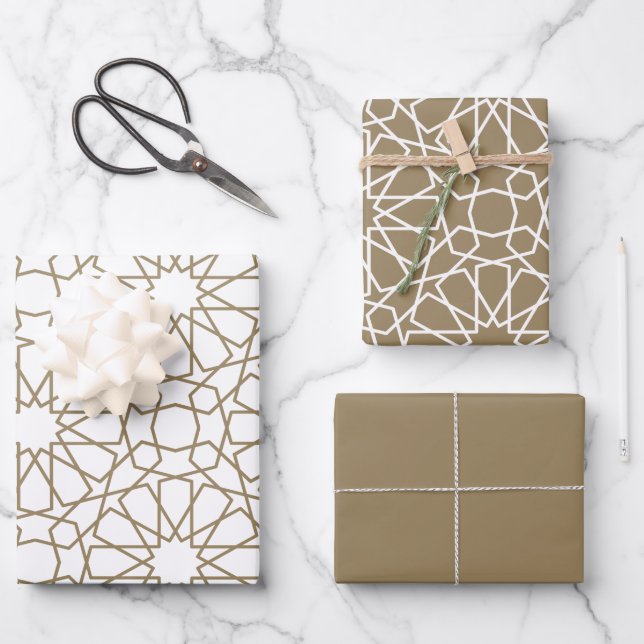 Khaki Arabesque Muster Geschenkpapier (Vorderseite)