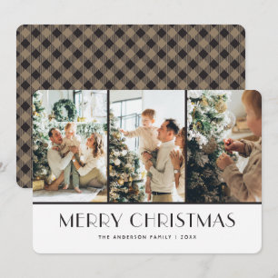 Khaki Buffalo Plaid Photo Collage Cartes de Noël