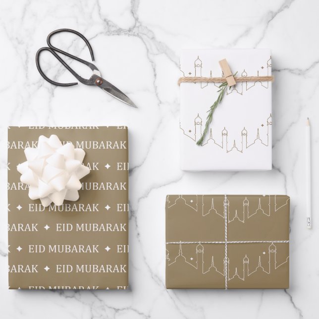 Khaki Eid Mubarak Masjid Muster Design Geschenkpapier Set (Vorderseite)