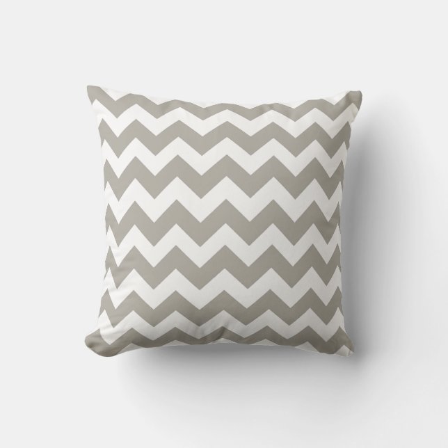 Khaki et blanc Chevron Zig Zag Coussin (Recto)