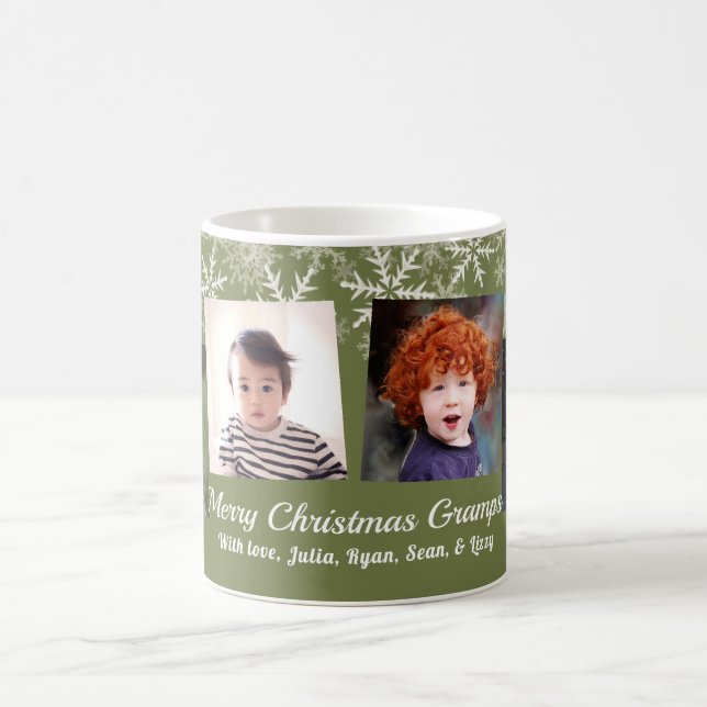Khaki Green Foto Collage Snowflakes Weihnachten Kaffeetasse (Mittel)