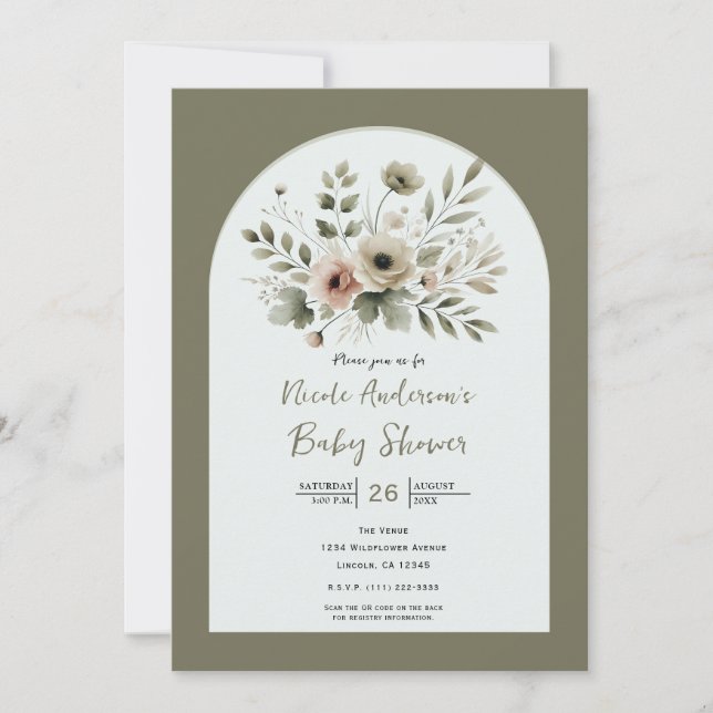 Khaki Olive Green Watercolor Blumenbaby-Dusche Einladung (Vorderseite)