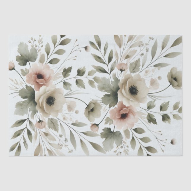 Khaki Olive Green Watercolor Floral Wedding Seidenpapier (Vorderseite)