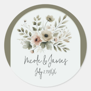Khaki Olivgrün Aquarell Blumen Hochzeit Runder Aufkleber