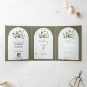 Khaki Olivgrüne Aquarell Blumen Hochzeit Dreifach Gefaltete Einladung