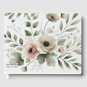 Khaki Olivgrüne Aquarell Blumen Hochzeit Gästebuch
