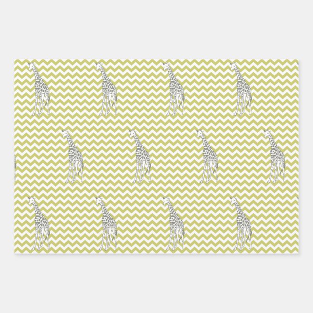 Khaki Safari Zickzack mit Pop Art Giraffe Geschenkpapier Set (Vorderseite)