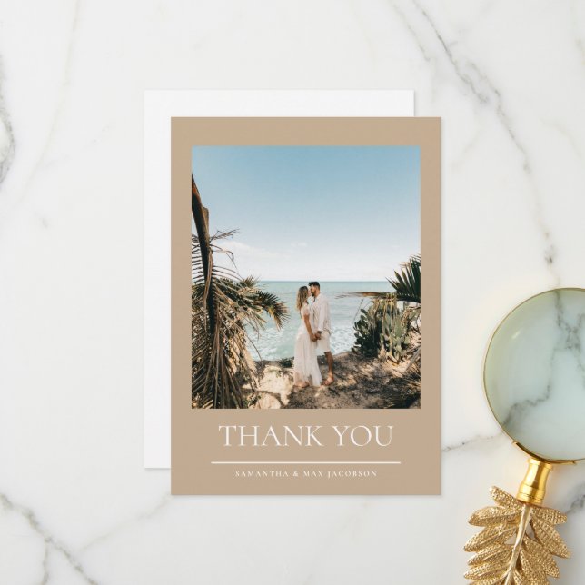 Khaki Simple Couple Foto Wedding Dankeskarte (Vorderseite/Rückseite Beispiel)