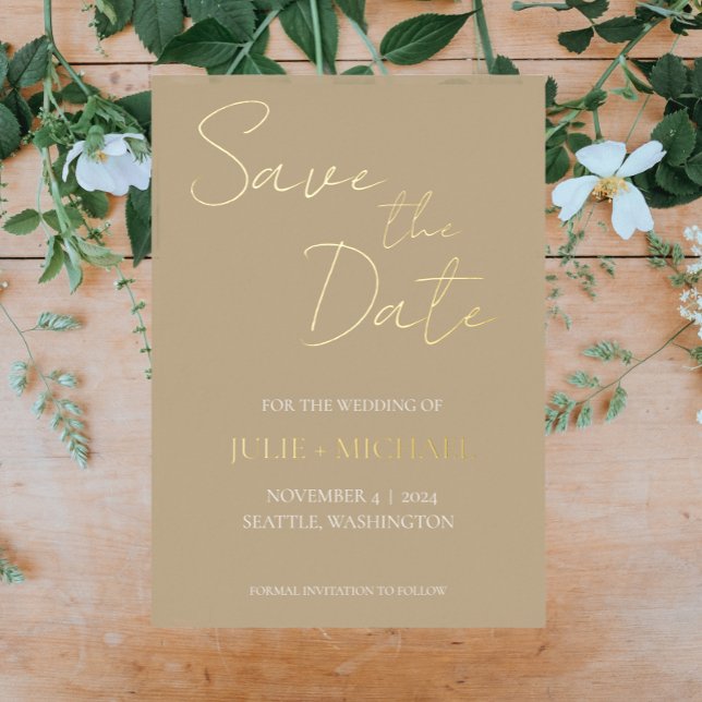 Khaki Simple Style Wedding Save the Date Folieneinladung (In Situ Wedding)