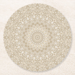 Khaki- und Weiß-Ornamentales Mandala-Muster Runder Pappuntersetzer