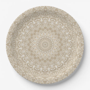 Khaki- und Weiß verziertes Mandala-Muster Pappteller