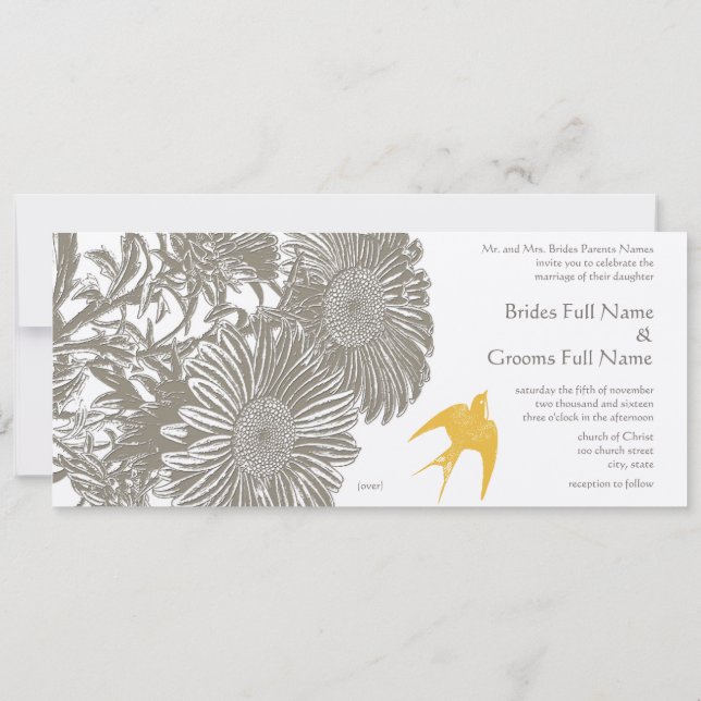 Khaki Vintage Blume und Goldenrod Bird Wedding Einladung (Rückseite)