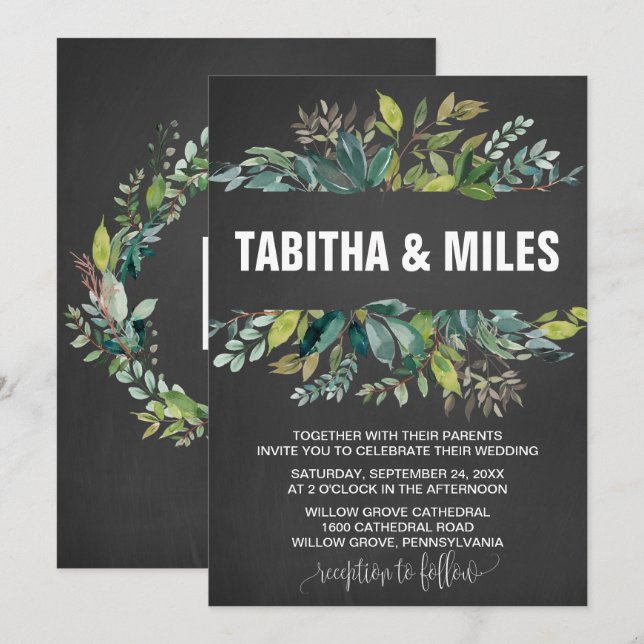 Khalkboard Foliage Wraath Backing Wedding Card Einladung (Vorne/Hinten)