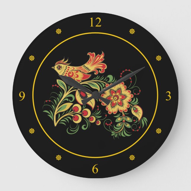 Khokhloma ~ Russian Folk Art ~Bird & Blume ~ Große Wanduhr (Vorderseite)