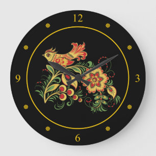 Khokhloma ~ Russian Folk Art ~Bird & Flower ~ Große Wanduhr