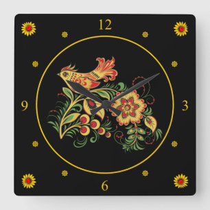 Khokhloma ~ Russian Folk Art ~Bird & Flower ~   Quadratische Wanduhr
