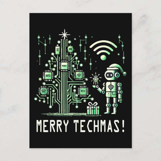 KI-Roboter mit Tech-Weihnachtsbaum – Frohe Tech-We Postkarte (Vorderseite)