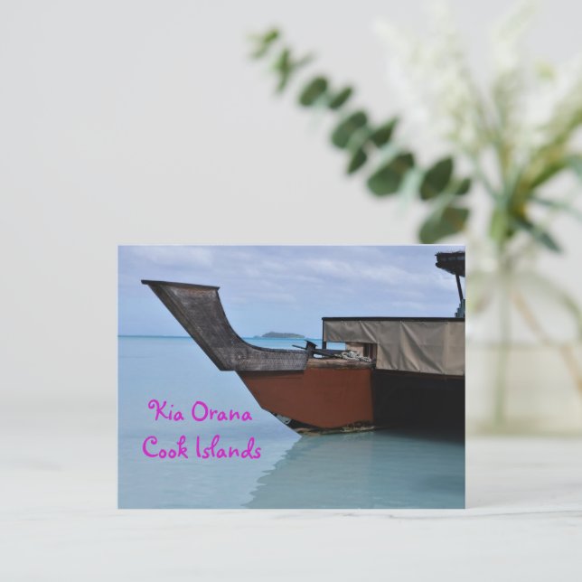 Kia Orana Polynesischer Strand und Vaka Postkarte (Stehend Vorderseite)