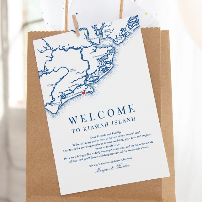 Kiawah Island Wedding Welcome Itinerary Navy Blue Dankeskarte (Kiawah Island SC Map Weekend Events Itinerary Schedule Welcome Letter in elegant navy blue)