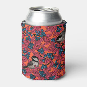Kichervögel auf Blaubeeren-Ästen auf Orange Dosenkühler