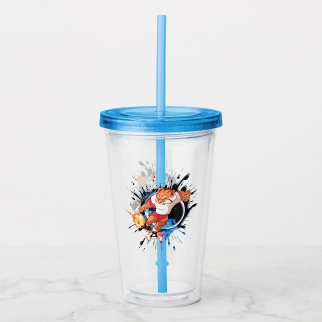 Kick es so, wie es heiß ist. Cartoon Fußball Acryltrinkbecher (Vorderseite)