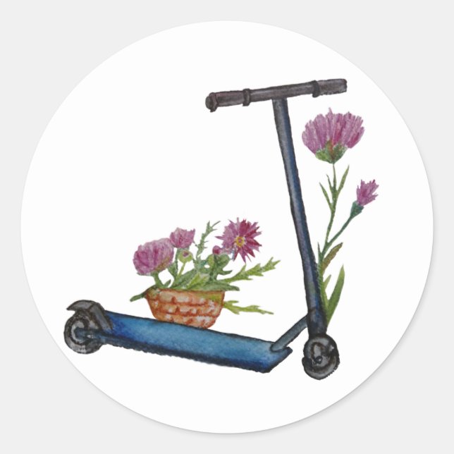 Kick Scooter, Blume Wasserfarbenaufkleber Runder Aufkleber (Vorderseite)