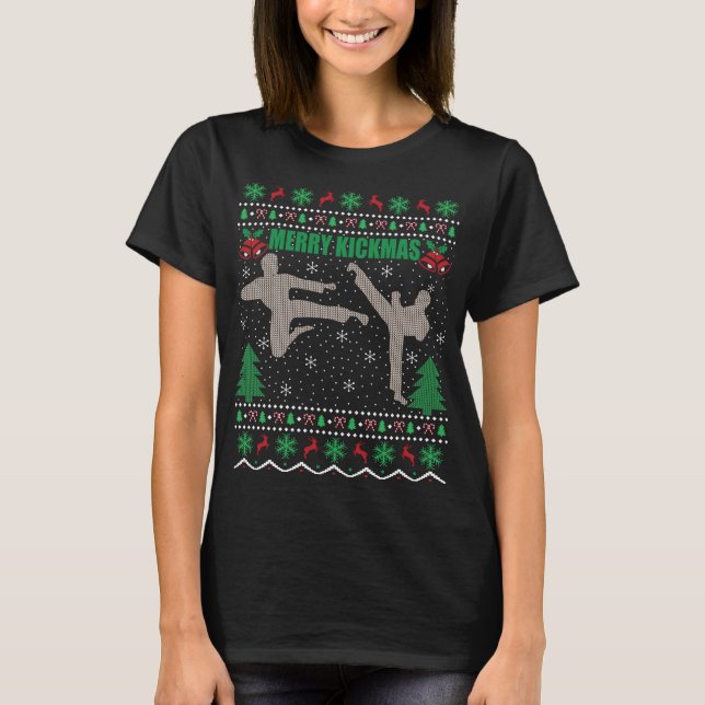 Kickboxing Lover Xmas Geschenk hässlich frohe Kick T-Shirt (Vorderseite)