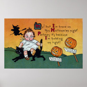 Kid auf Cat und JOL-Signposten Vintag Halloween Poster