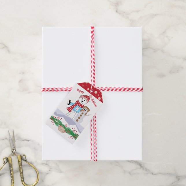 Kid Polar Bear Selfie mit Snowman Gift Tag Geschenkanhänger (Mit Garn)