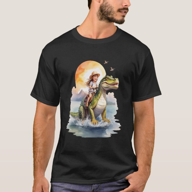 Kid Riding auf Dinosaurier T-Shirt (Vorderseite)
