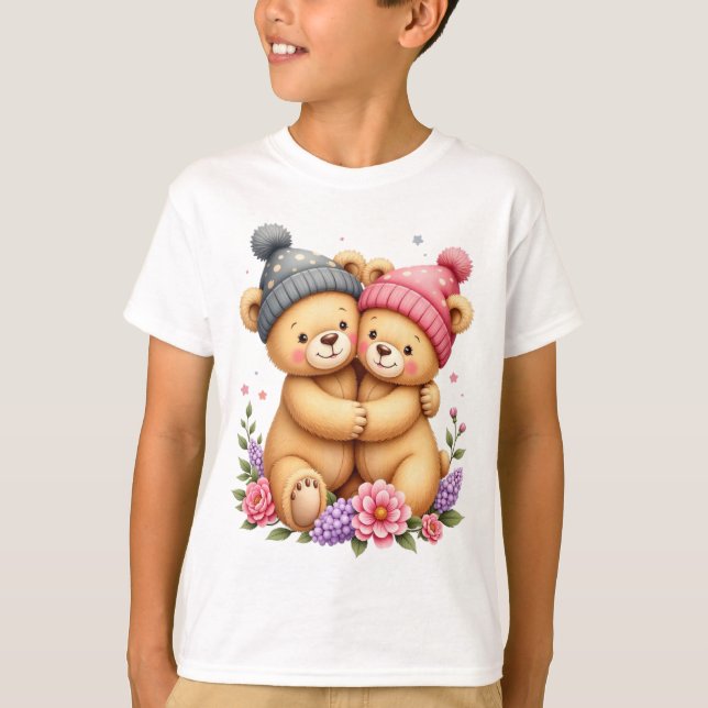 Kid T-Shirt With Two Teddy Bears With Caps (Devant)