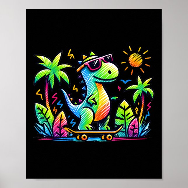 Kidcore-Ästhetik-Dinosaurier-Skateboard-Doodle Al Poster (Vorne)
