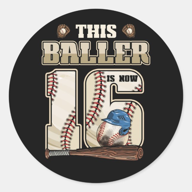 Kids 16th Birthday Baseball Boy Sixteen Year Old Runder Aufkleber (Vorderseite)