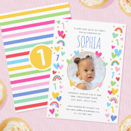 Kids 1st Birthday Cute Rainbow Photo Hearts Yellow Einladung