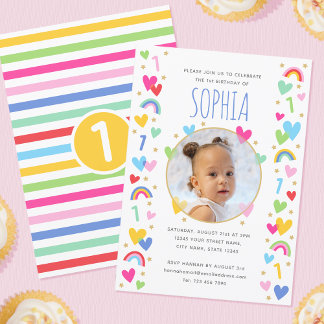 Kids 1st Birthday Cute Rainbow Photo Hearts Yellow Einladung