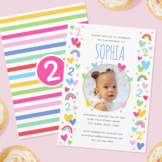 Kids 2nd Birthday Cute Rainbow Photo Hearts Pink Einladung