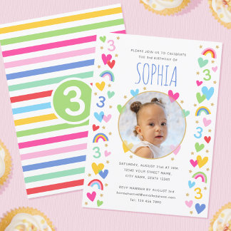 Kids 3rd Birthday Cute Rainbow Photo Hearts Green Einladung