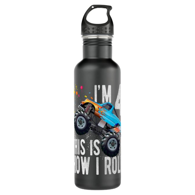 Kids 4 Year Old 4th Birthday Boy Monster Truck Car Edelstahlflasche (Vorderseite)
