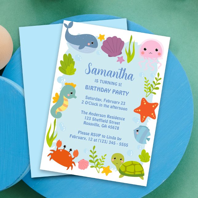 Kids Aquatic Animals Niedliche Geburtstag Einladung (Make your child's party unforgettable with our vibrant aquatic animals birthday card! Dive into fun!)