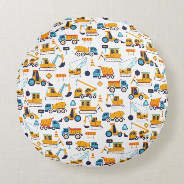 Kids Bau Dump Trucks Fahrzeugmuster Rundes Kissen (Vorderseite)
